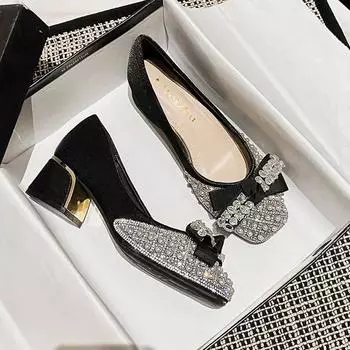 Новые туфли для женщин Весна Квадратные каблуки Туфли-лодочки для девочек Мода Кристалл Бантик Высокие каблуки Туфли OL Повседневные Туфли-лодочки с жемчугом 35 чёрный