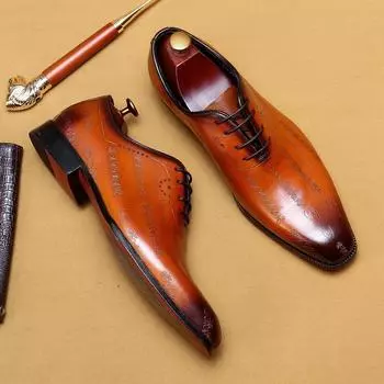 Новые туфли из натуральной кожи первого слоя, туфли-оксфорды из натуральной кожи с острым носком и гравировкой в британском стиле 37 коричневый