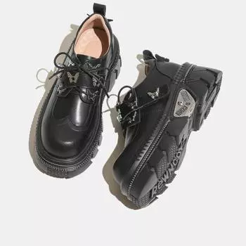 Новые туфли JK muffin с металлической бабочкой, женские туфли с юбкой на очень высоком каблуке, маленькие кожаные туфли в британском стиле со шнуровкой и толстым каблуком 35 чёрный