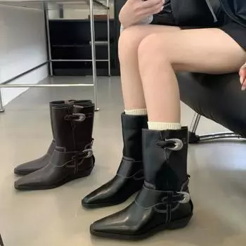 Новые туфли Короткие женские ковбойские ботинки Модные женские ботильоны Женские туфли без застежек Новые винтажные роскошные мотоциклетные туфли 35