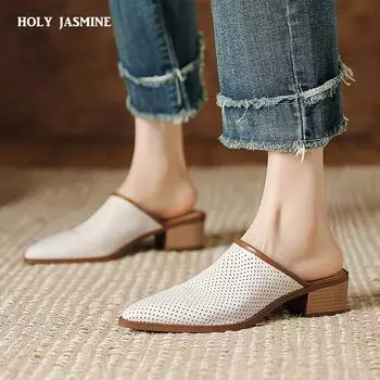 Новые туфли-лодочки Muller из натуральной кожи в стиле ретро, женские туфли-лодочки на толстом каблуке с острым носком, весна-лето, повседневная офисная женская обувь для женщин 34 хаки