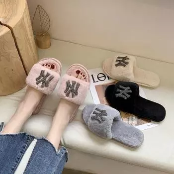 Новые туфли Mao Mao женские однотонные хлопковые тапочки домашняя одежда со стразами плоские плюшевые тапочки женские 36-37 чёрный