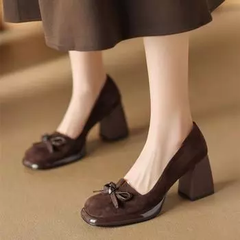 Новые туфли Мэри Джейн на высоком каблуке в стиле ретро, женские туфли из искусственной замши на толстом каблуке, дизайнерские туфли-мюли на платформе для женщин с бантом, модные офисные туфли для работы 35 чёрный