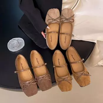 Новые туфли Мэри Джейн в стиле ретро с плоской подошвой, женские туфли 2025 года, весна, квадратный бант, плоский каблук, слово со светлым ртом, одинарные туфли 35 жёлтый