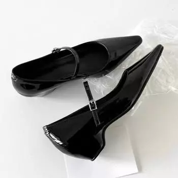 Новые туфли на грубом каблуке, женские, с острым носком, с неглубоким горлом, металлической пряжкой, линия А с противоскользящей подошвой, износостойкие туфли на низком каблуке 35