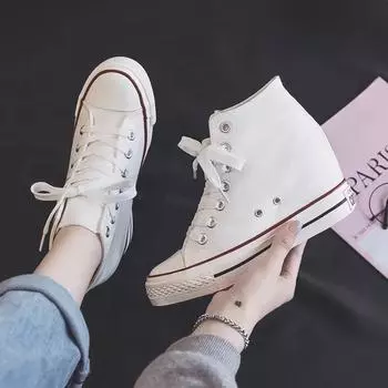 Новые туфли на каблуках 8 см, повседневные холщовые кроссовки, дизайнерские женские туфли на платформе и танкетке со скрытым каблуком, увеличивающие рост, белые и черные 35