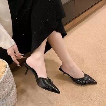 Новые туфли на каблуках, туфли-лодочки для женщин 2024 года, роскошная женская модная обувь с пряжкой и острым носком, женские туфли на каблуке, мюли, сандалии 35 чёрный