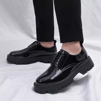 Новые туфли на платформе с высоким каблуком 4 см, увеличивающие рост, повседневные мужские туфли из лакированной кожи, мужские туфли-оксфорды, формальные туфли для вечеринок и свадеб 38 чёрный