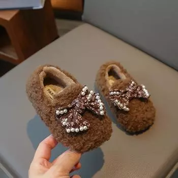 Новые туфли на плоской подошве для девочек, прямые поставки, теплые хлопковые туфли с жемчугом и цветочным принтом, бантом, простые нескользящие детские туфли для принцесс, повседневные туфли без застежек 23 белый