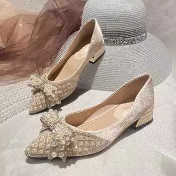 Новые туфли на среднем каблуке в стиле феи, универсальные туфли на высоком каблуке с жемчужным узором, бабочкой и толстым каблуком, с острым носком, модные туфли-одиночки 34 чёрный