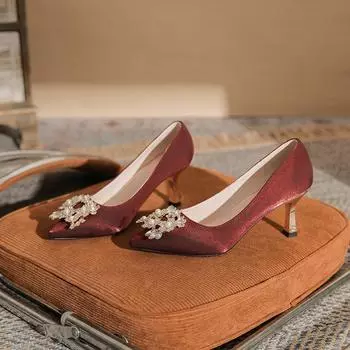 Новые туфли на высоком каблуке большого размера Plus Wide женские туфли с жемчужной квадратной пряжкой одинарные туфли свадебные туфли 34 абрикосовый