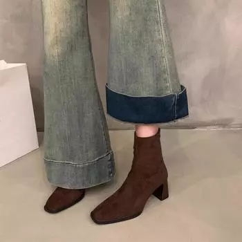 Новые туфли на высоком каблуке из тонкой замши, женские ботинки Martin, короткие ботильоны, бархатные ботильоны, осенне-зимняя квадратная головка, корейская мода 35