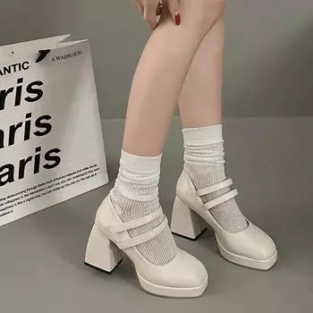 Новые туфли на высоком каблуке. Новая весенняя корейская версия дикой обуви на толстом каблуке с квадратным носком во французском стиле ретро, трендовые туфли Мэри Джейн в стиле Лолиты. 35 бежевый