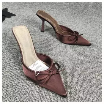 новые туфли на высоком каблуке с бантом женские туфли-мюли с острым носком сексуальные летние платья вечерние босоножки на шпильках женские шлепанцы трендовые туфли-лодочки 35 коричневый