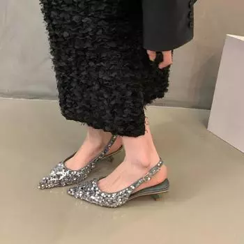 Новые туфли на высоком каблуке с острым носком, пикантные серебряные туфли с блестками и неглубоким горлышком, женские рабочие модельные туфли, туфли-лодочки на высоком каблуке 34 чёрный