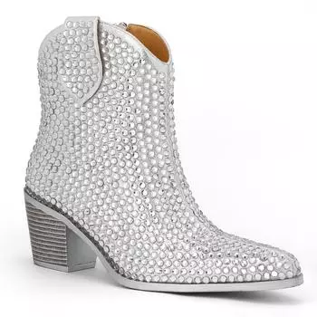 Новые туфли на высоком каблуке с острым носком, толстые каблуки с молниями по бокам в виде бриллиантов, модные короткие ботинки, уличные модные туфли, женские ботинки больших размеров 35 чёрный