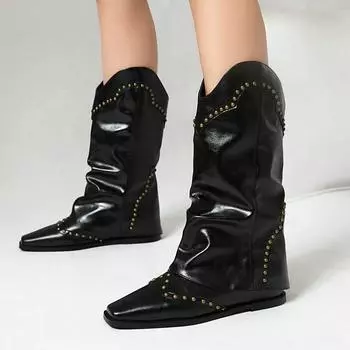 Новые туфли ретро с квадратными заклепками брюки-трубы сапоги универсальные ковбойские сапоги в стиле вестерн с плоским дном 34 чёрный