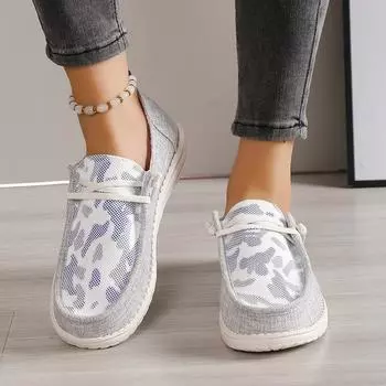 Новые туфли с мягкой подошвой и принтом из ткани женские 2024 года, джинсовые туфли с круглым носком, на шнуровке, на плоской подошве, модные одинарные туфли 36 серый