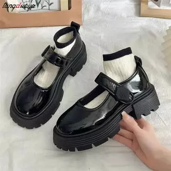 Новые туфли в стиле Лолиты на толстой подошве для девочек, туфли Мэри Джейн в японском стиле, женская обувь на платформе с круглым носком в стиле JK, туфли для косплея на высоком каблуке 35