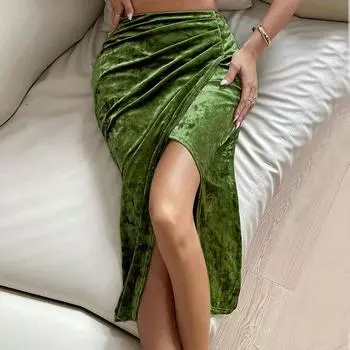 Новые юбки для осени/зимы 2024 года, модная женская сексуальная юбка с разрезом и запахом на бедрах, темпераментная пригородная бархатная юбка S армия зеленый