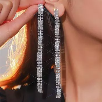 Новые удлиненные серьги с бриллиантами, модные темпераментные серьги со стразами, женские серьги, 1 пара серебряный
