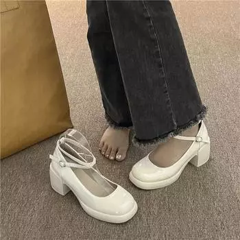 Новые удобные однотонные туфли на высоком каблуке с круглым носком, украшенные жемчугом, модная женская обувь на толстом каблуке, НЕТ:11832 35