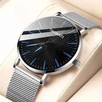 Новые ультратонкие мужские немеханические часы, модные простые часы, мужские часы, корейская версия, модные часы с сетчатым ремнем синий