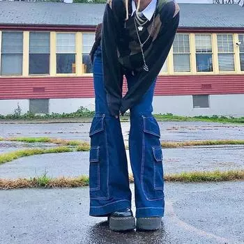 Новые уличные джинсы в стиле хип-хоп с большими карманами, женские прямые брюки с высокой талией S