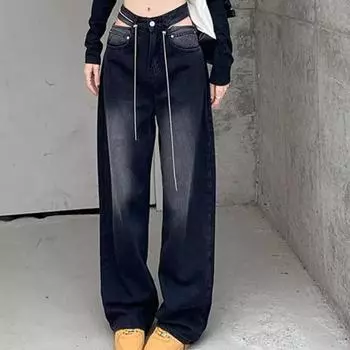 Новые уличные джинсы, женские широкие брюки в стиле хип-хоп, хлопковые свободные ретро-цепочки, съемные крутые женские джинсовые брюки для девочек S чёрный