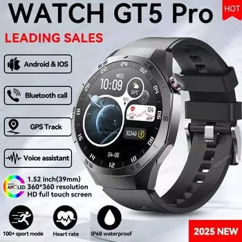 Новые умные часы GT5 Pro для мужчин с GPS-трекером, пульсометром, Bluetooth-звонками, NFC, водонепроницаемые, спортивные, для фитнеса на открытом воздухе, смарт-часы для Huawei Black Silicone