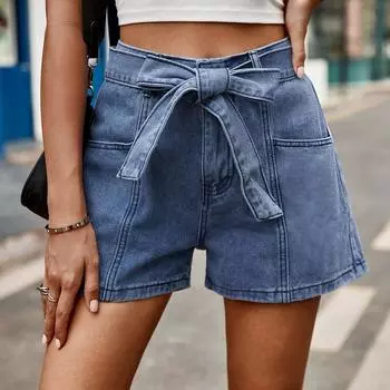 Новые универсальные джинсовые шорты со шнуровкой и высокой талией S синий
