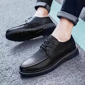 Новые универсальные мужские повседневные туфли на шнуровке, весенние британские трендовые деловые кожаные туфли 38 чёрный