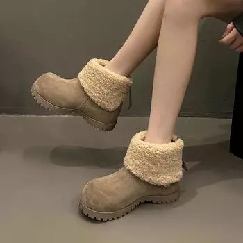 Новые утепленные бархатные зимние сапоги женские 2024 года, зимние короткие сапоги на толстой подошве в стиле ретро, хлопковая обувь в стиле маффин, прилив 35 жёлтый