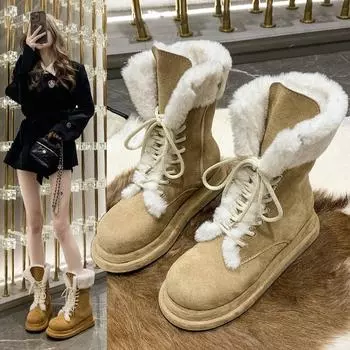 Новые утолщенные плюшевые зимние сапоги женские зимние сапоги до середины голени с искусственным мехом женские зимние сапоги на шнуровке женские плоские теплые хлопковые туфли 35
