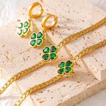 Новые ювелирные изделия Четырехлистный цветок Любовь стеклянный камень комплект из нержавеющей стали серьги ожерелье браслет комплект из трех предметов