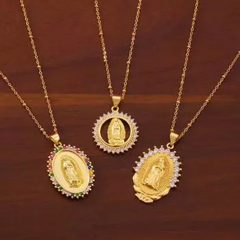 Новые ювелирные изделия женские религиозные аксессуары инкрустированные цветным цирконом медная подвеска Девы Марии персонализированное ожерелье