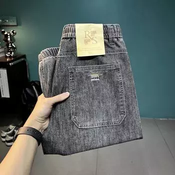 Новые весенне-летние джинсы с вышивкой, эластичной талией, наклонными карманами и завязками, мужские эластичные брюки 28