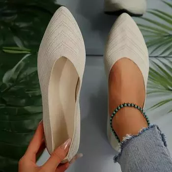 Новые весенне-летние однотонные остроносые туфли на плоской подошве, удобные женские туфли, мягкие повседневные дышащие женские вязаные туфли большого размера 36 бежевый