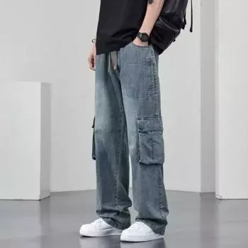 Новые весенне-летние рабочие джинсы с несколькими карманами для мужчин, прямые, свободные, больших размеров, мужская одежда M синий