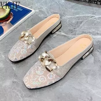 Новые весенне-летние туфли на плоской подошве для женщин, верхняя одежда, женские повседневные тапочки, сандалии с кружевной сеткой и цепочкой, женская обувь без шнуровки 35 золотой