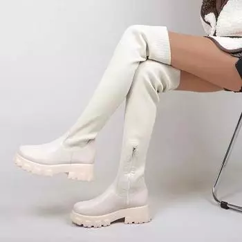 Новые весенне-осенние длинные сапоги большого размера, кожаные трикотажные повседневные сапоги выше колена с круглой головкой, женские сапоги 36 белый