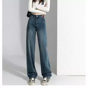 Новые весенне-осенние корейские тонкие женские джинсовые брюки с высокой талией, широкие джинсы, повседневные свободные винтажные брюки, женские женские брюки XS