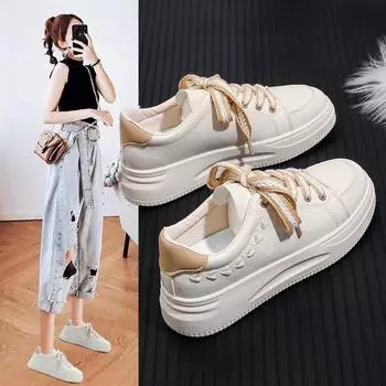 Новые весенние белые туфли на толстой подошве, женские кожаные туфли с круглой головкой, студенческие туфли, повседневные трендовые туфли для колледжа 35 бежевый
