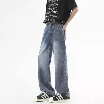 Новые весенние джинсы Полуэластичная талия Свободные Американский уличный стиль Широкие брюки Мужские брюки в пол M