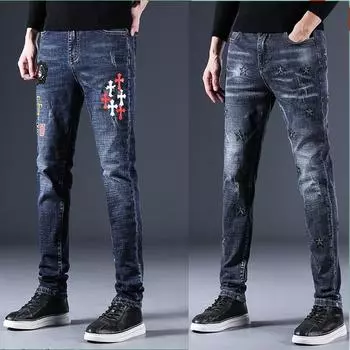 Новые весенние джинсы с вышивкой, мужские модные брендовые повседневные прямые брюки-трубы, мужские облегающие эластичные брюки с принтом, мужские 28