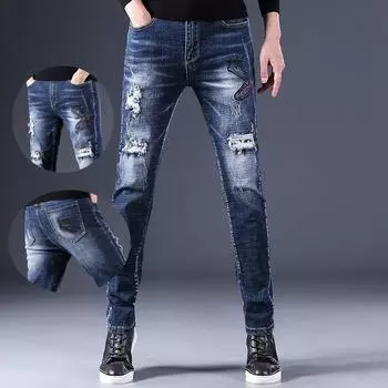 Новые весенние джинсы с вышивкой, мужские модные брендовые повседневные прямые брюки-трубы, мужские облегающие эластичные брюки с принтом, мужские 28