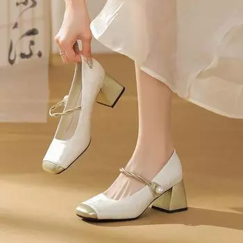 Новые весенние французские туфли Мэри Джейн на высоком каблуке: Квадратный носок, толстый каблук, принт, один ремешок, цветовое сочетание, универсальный китайский стиль 35 зелёный