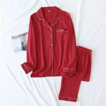 Новые весенние и осенние пижамы для пар, брюки с длинными рукавами, красный женский костюм из 100% хлопка для домашней одежды из двух предметов. M