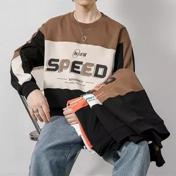 Новые весенние и осенние толстовки с длинными рукавами для мужчин, повседневные рубашки с круглым вырезом, модные толстовки с круглым вырезом и контрастным буквенным принтом M