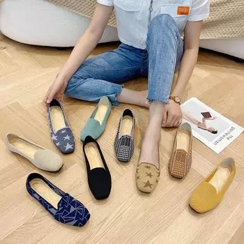 Новые весенние и осенние туфли Flying Single Shoes Weaving Flat Bottom Square Head Women 34 жёлтый